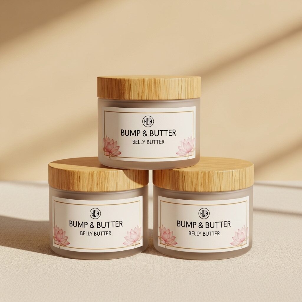 Three jars of Bump & Butter belly butter stacked in a pyramid
