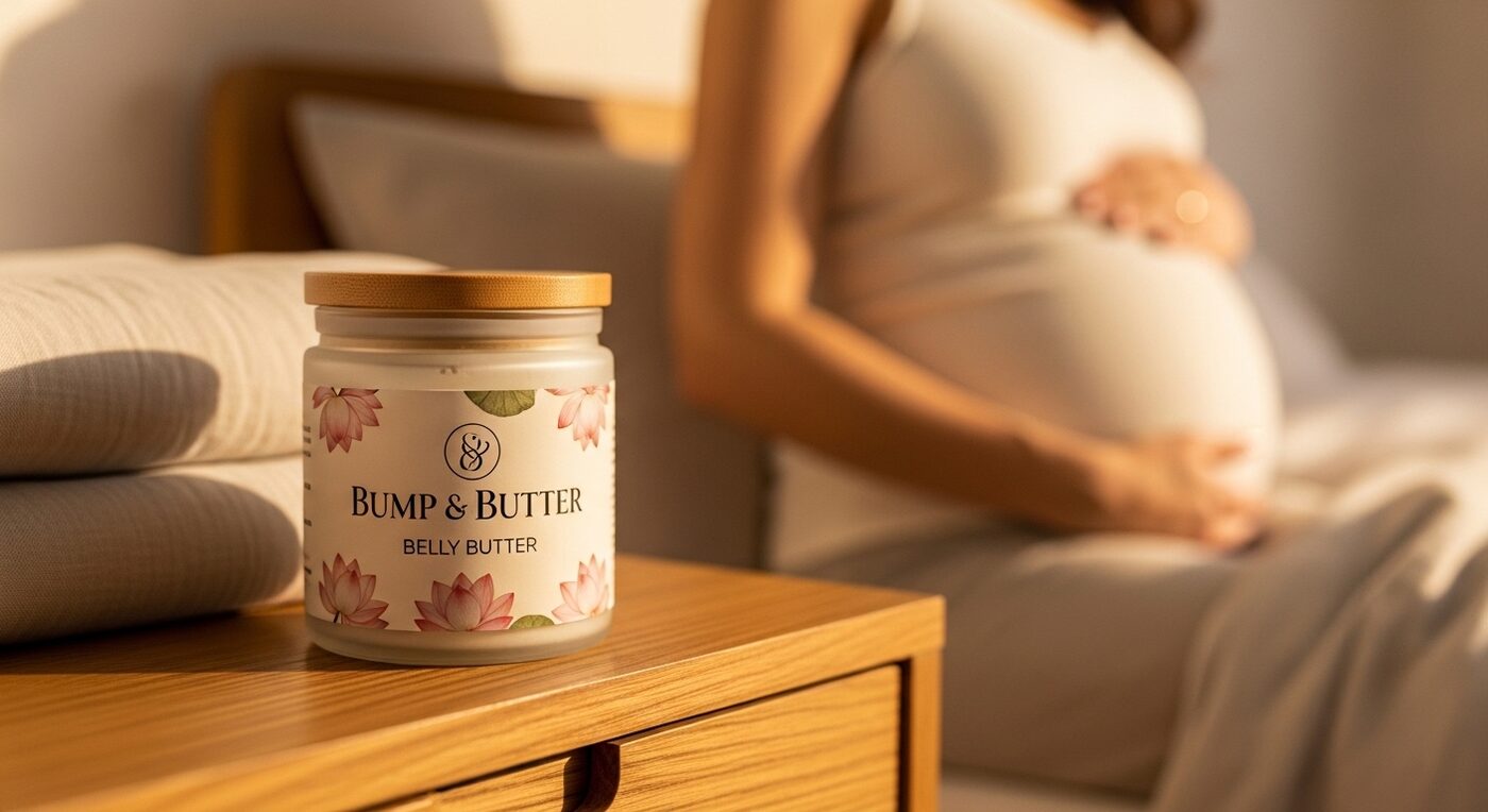 Bump & Butter belly butter jar on a nightstand, expecting mother in warm light behind