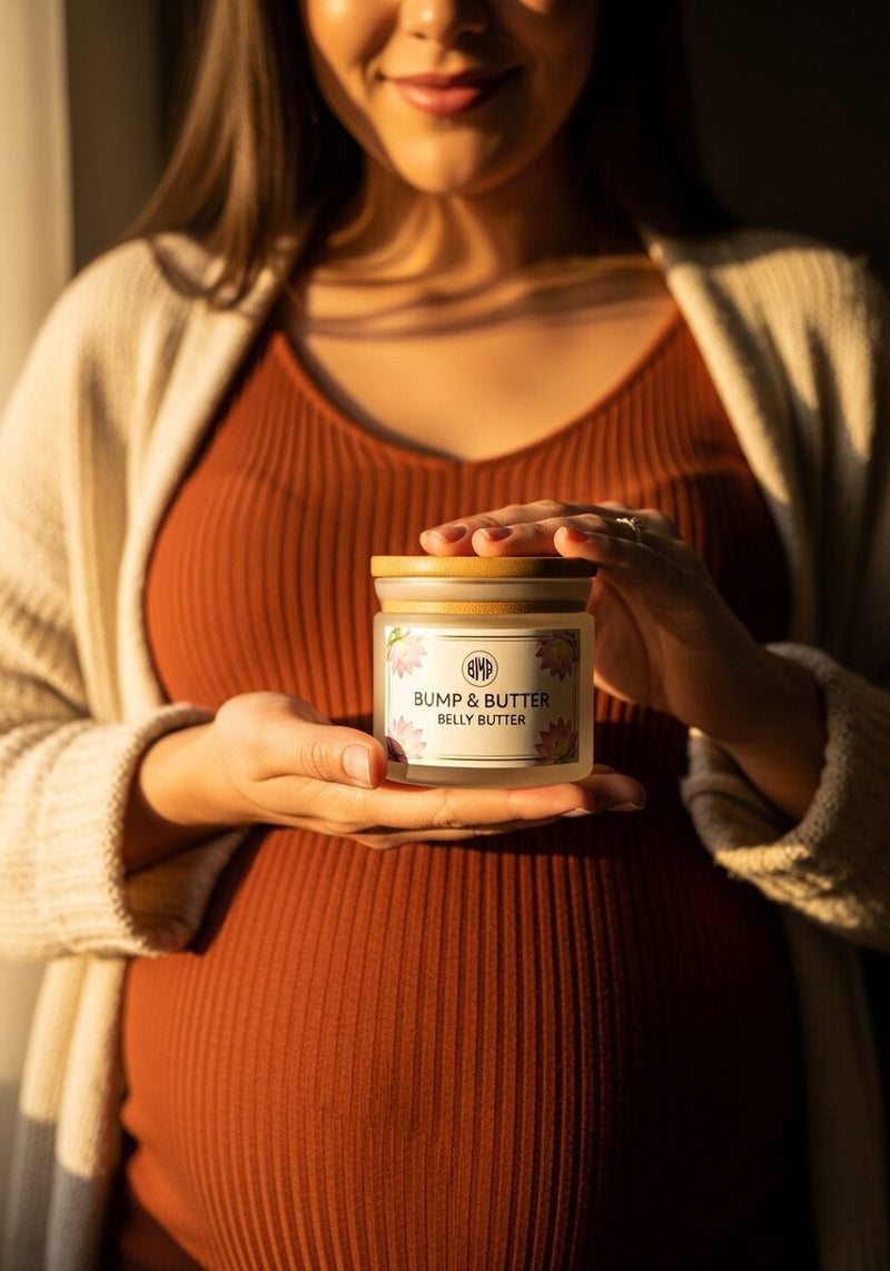 Pregnant woman holding a jar of Bump & Butter in front of her bump