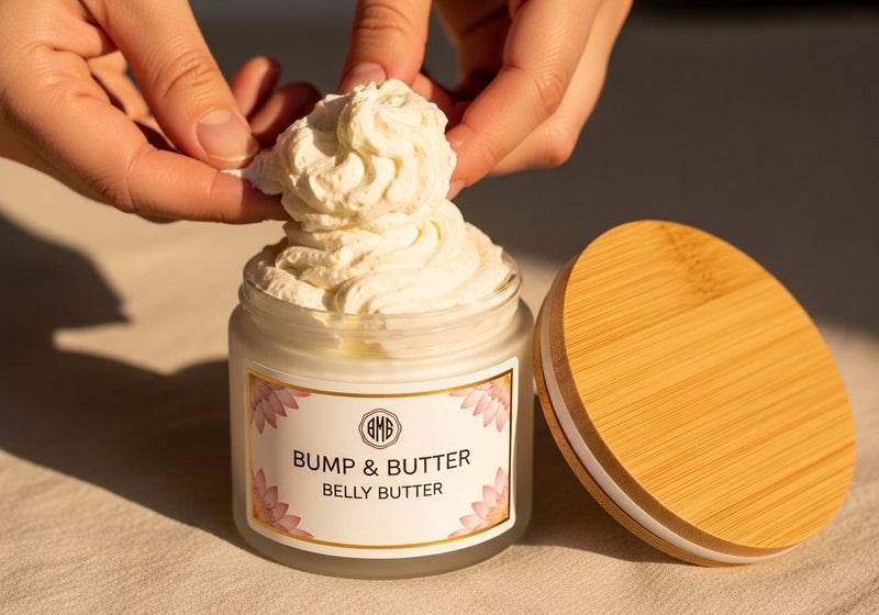 Hands scooping whipped Bump & Butter from an open jar