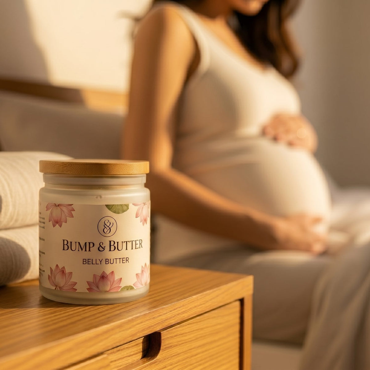Bump & Butter belly butter jar, expecting mother in warm light behind